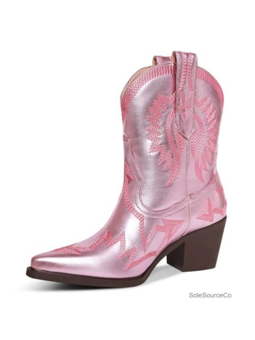 Western Ankle Cowboy Boots Chunky Pointed Toe Wide Calf Metallic PU
